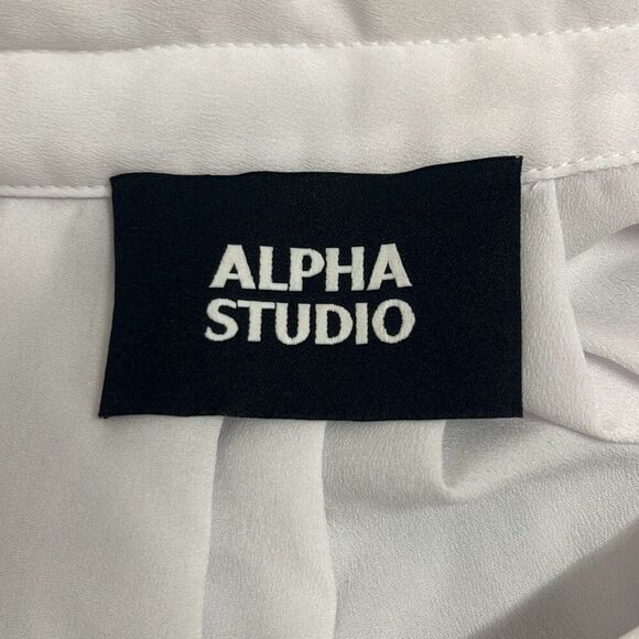 Alpha Studio M/L Button Front Blouse White Crepe Sheer Long Sleeve NWT Oversized - Picture 6 of 13